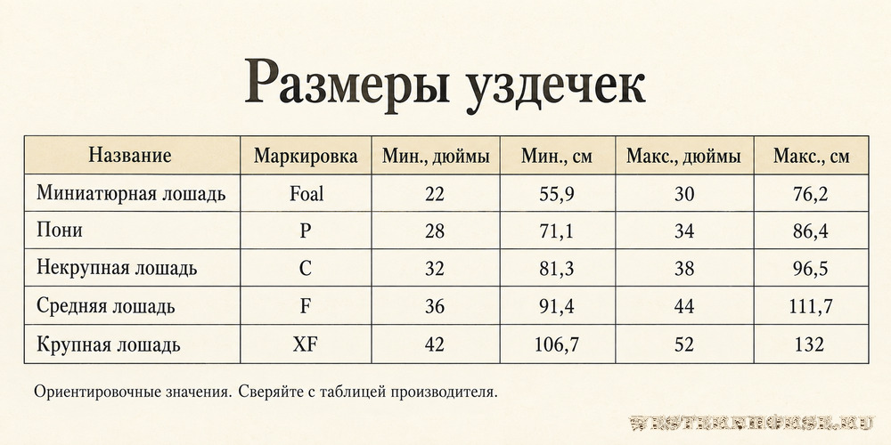 Иллюстрация: Размеры уздечек — справочная таблица