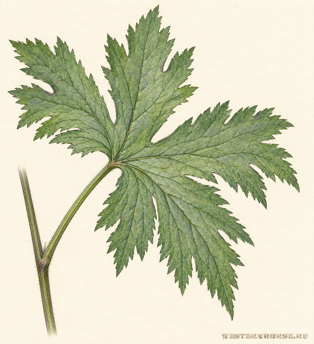 Иллюстрация: Борец северный (Aconitum septentrionale Koelle) — пальчато-раздельный лист