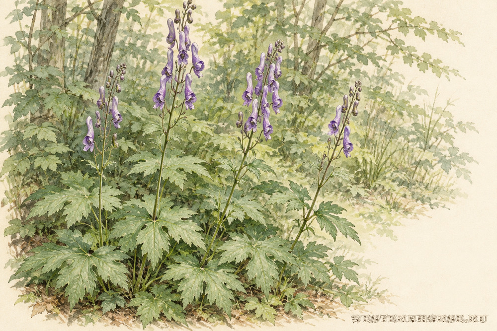 Иллюстрация: Борец северный (Aconitum septentrionale Koelle) — цветущие растения в лесу