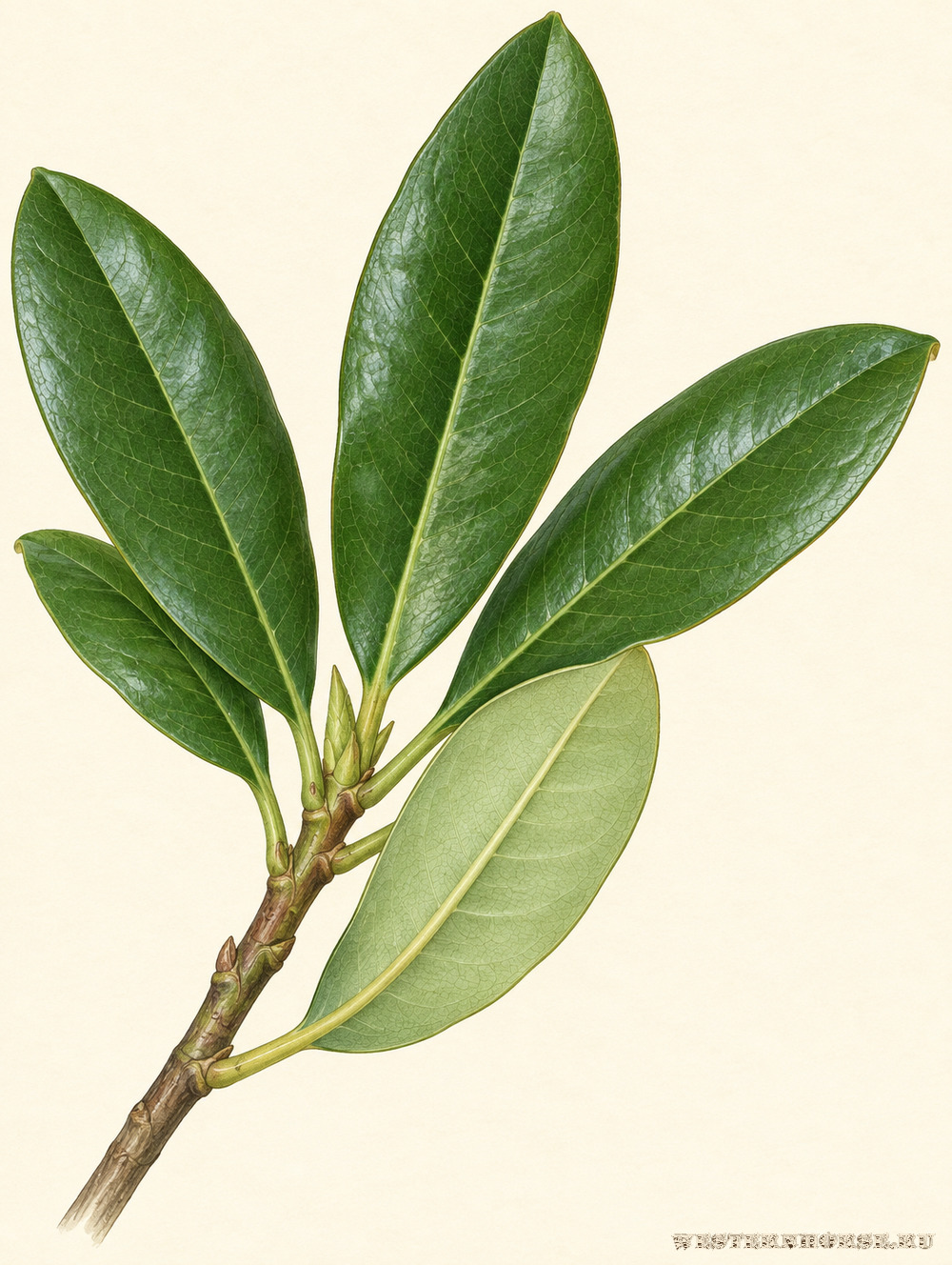 Иллюстрация: Рододендрон понтийский (Rhododendron ponticum L.) — листья на побеге