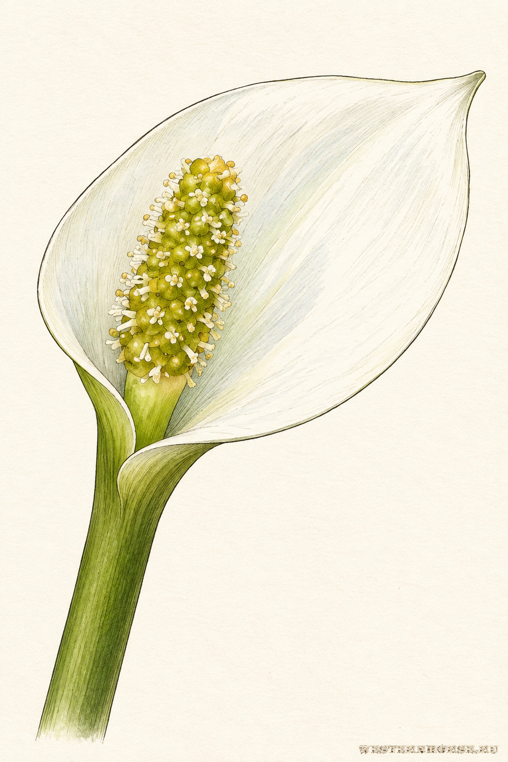 Иллюстрация: Белокрыльник болотный (Calla palustris L.) — соцветие с белым покрывалом и початком