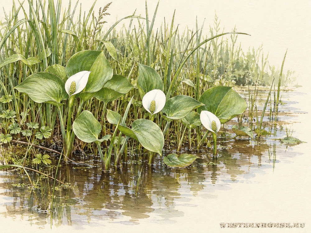 Иллюстрация: Белокрыльник болотный (Calla palustris L.) — цветущая куртина у воды