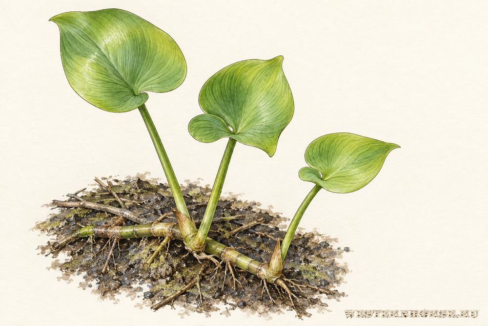 Иллюстрация: Белокрыльник болотный (Calla palustris L.) — молодые листья и ползучее корневище