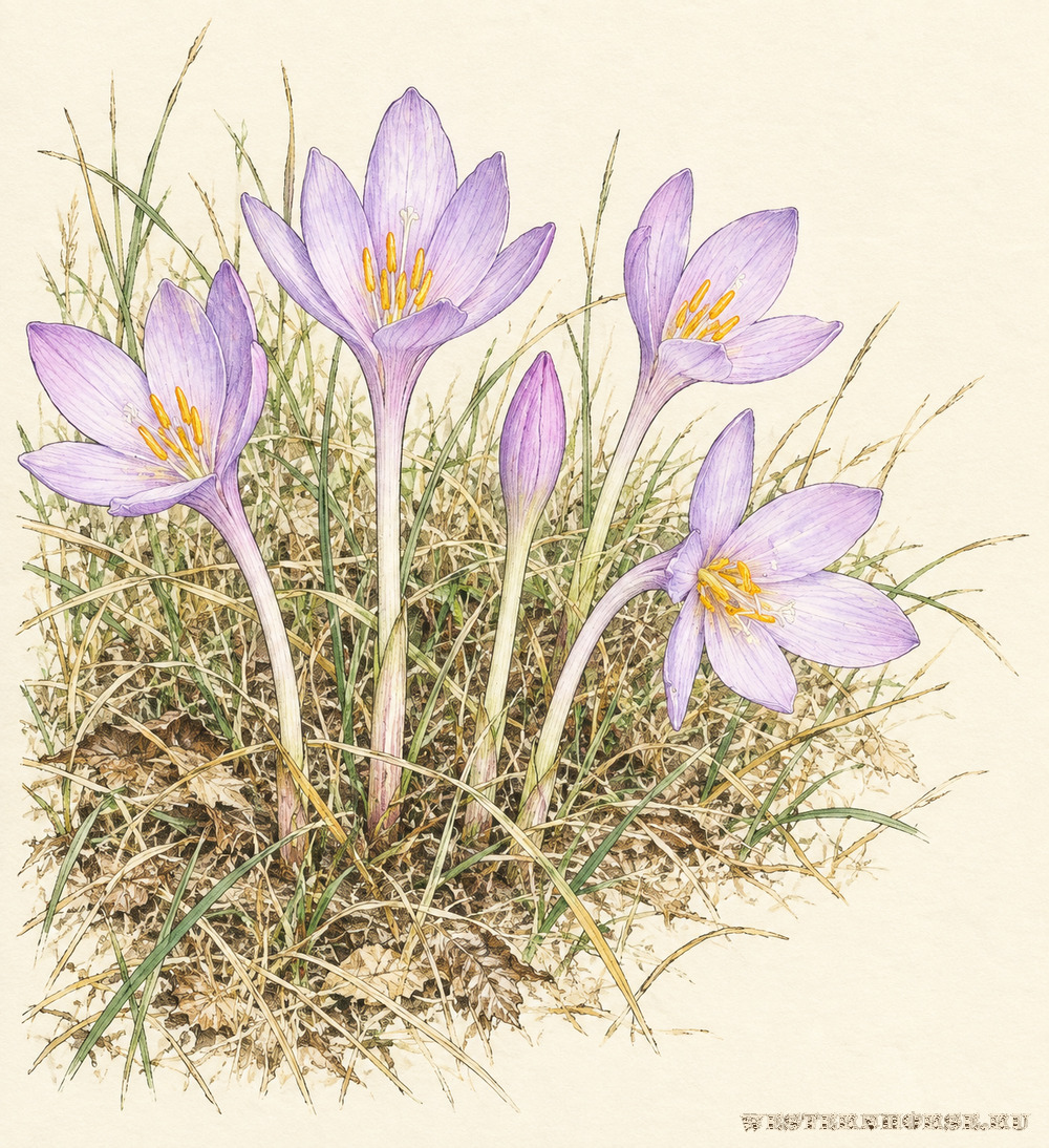 Иллюстрация: Безвременник осенний (Colchicum autumnale L.) — осенние цветки на лугу
