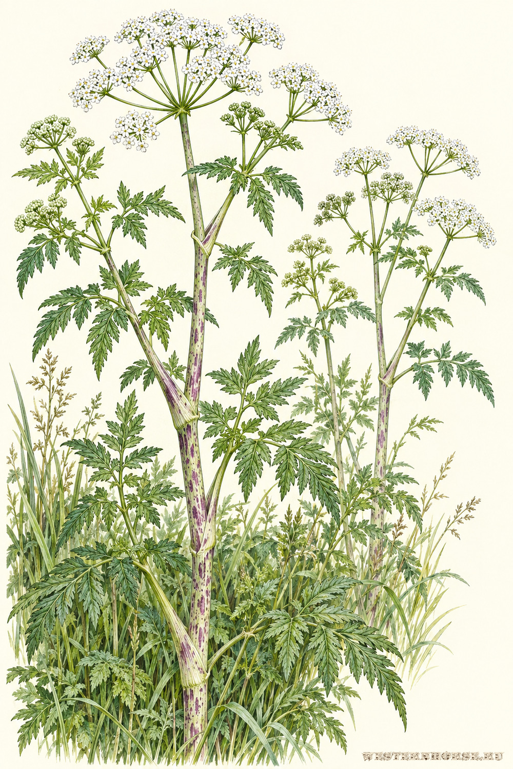 Иллюстрация: Болиголов пятнистый (Conium maculatum L.) — растения у края луга