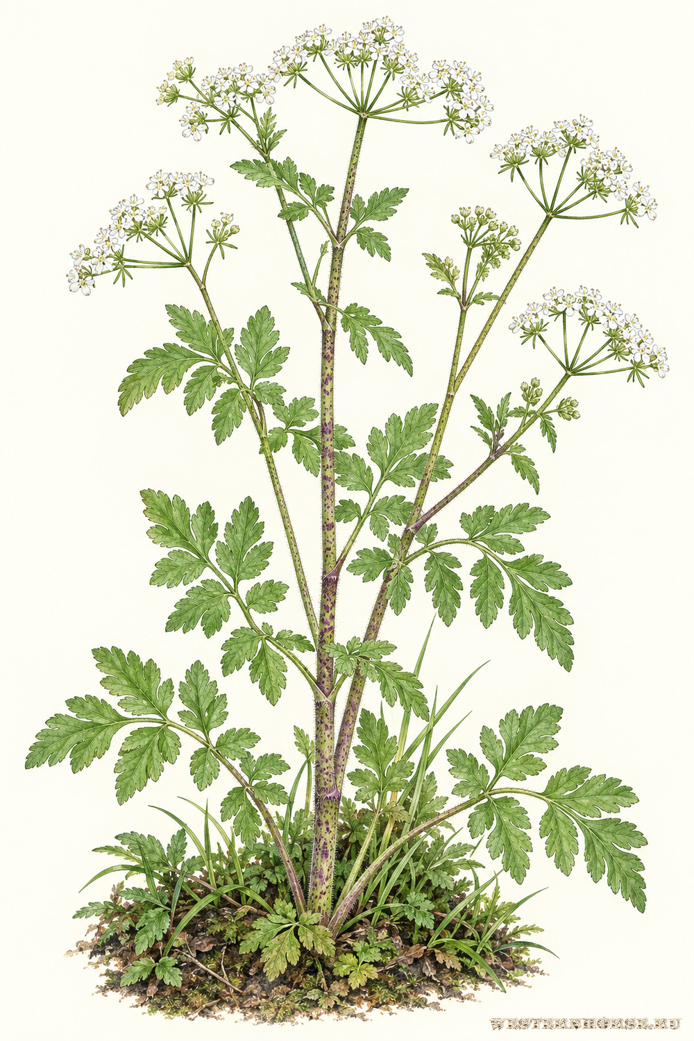 Иллюстрация: Бутень одуряющий (Chaerophyllum temulum L.) — цветущее растение целиком