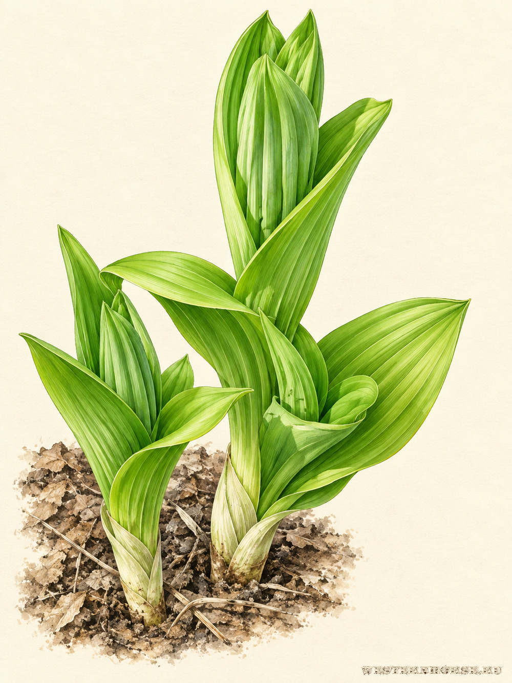 Иллюстрация: Чемерица Лобеля (Veratrum lobelianum Bernh.) — весенние побеги