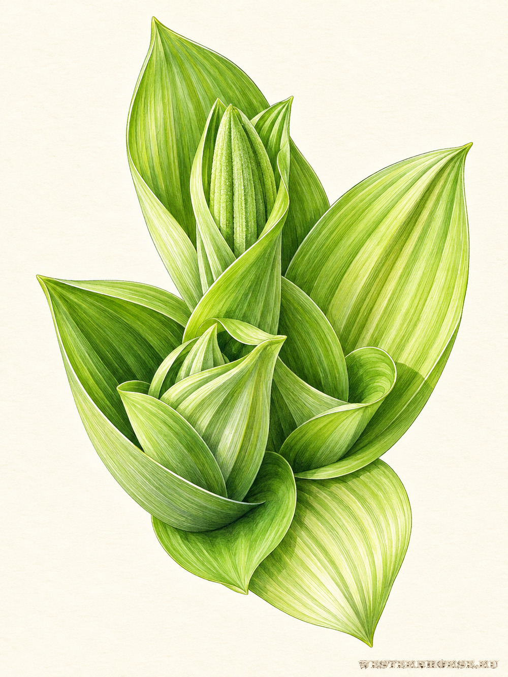 Иллюстрация: Чемерица Лобеля (Veratrum lobelianum Bernh.) — разворачивающиеся листья сверху