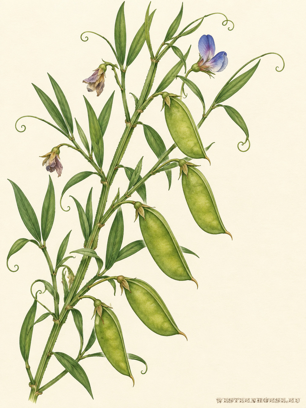 Иллюстрация: Чина посевная (Lathyrus sativus L.) — побег с бобами и усиками