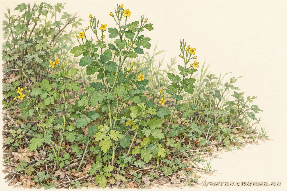 Иллюстрация: Чистотел большой (Chelidonium majus L.) — заросль на опушке
