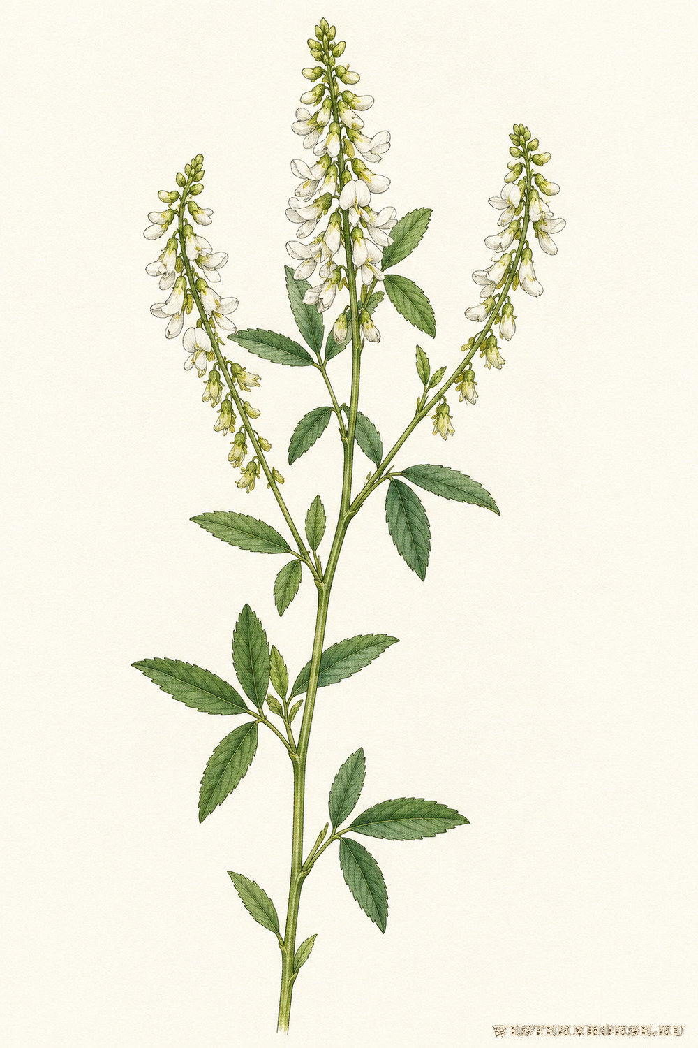 Иллюстрация: Донник белый (Melilotus albus Medik.) — белые кисти и тройчатые листья