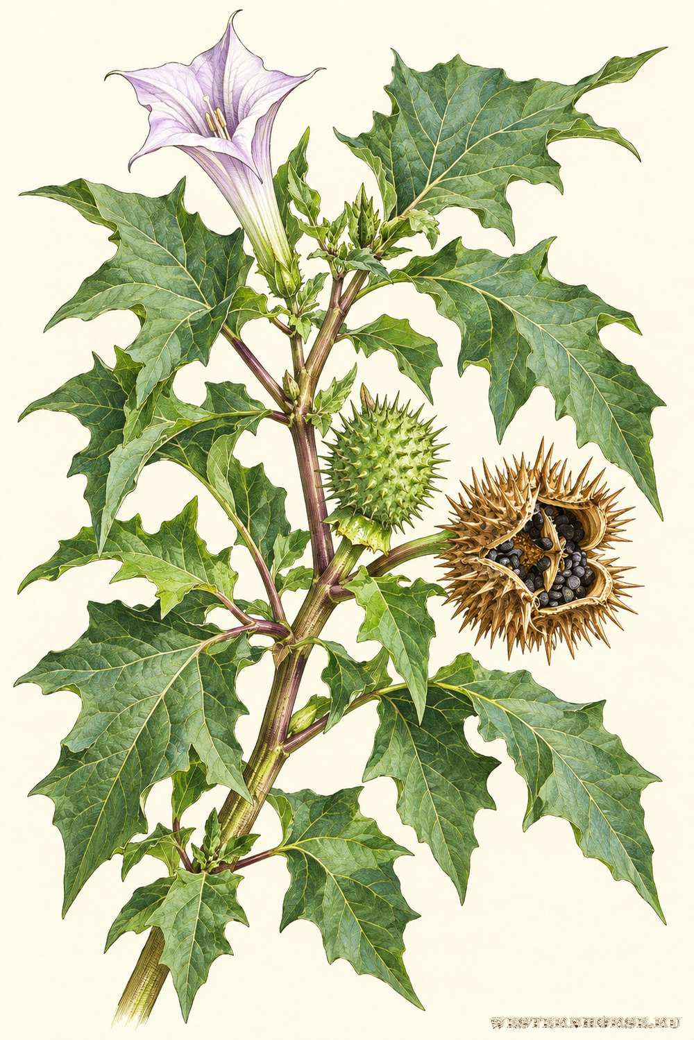 Иллюстрация: Дурман обыкновенный (Datura stramonium L.) — плод и листья крупным планом