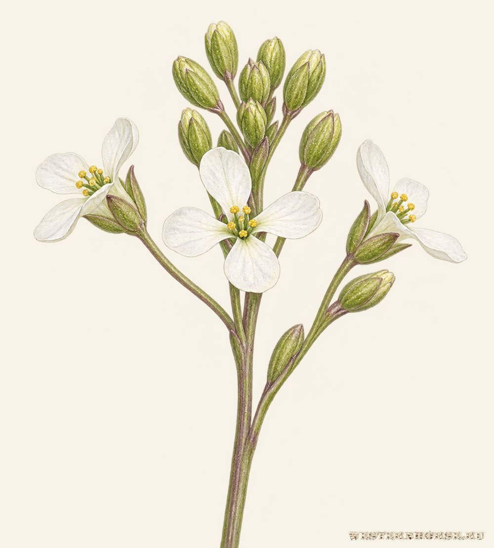 Иллюстрация: Гулявник ядовитый (Pseudoarabidopsis toxophylla) — белые цветки крупным планом