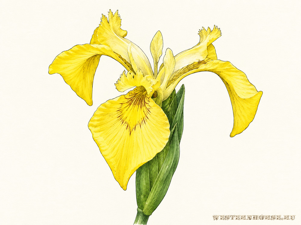Иллюстрация: Ирис болотный (Iris pseudacorus L.) — жёлтый цветок крупным планом