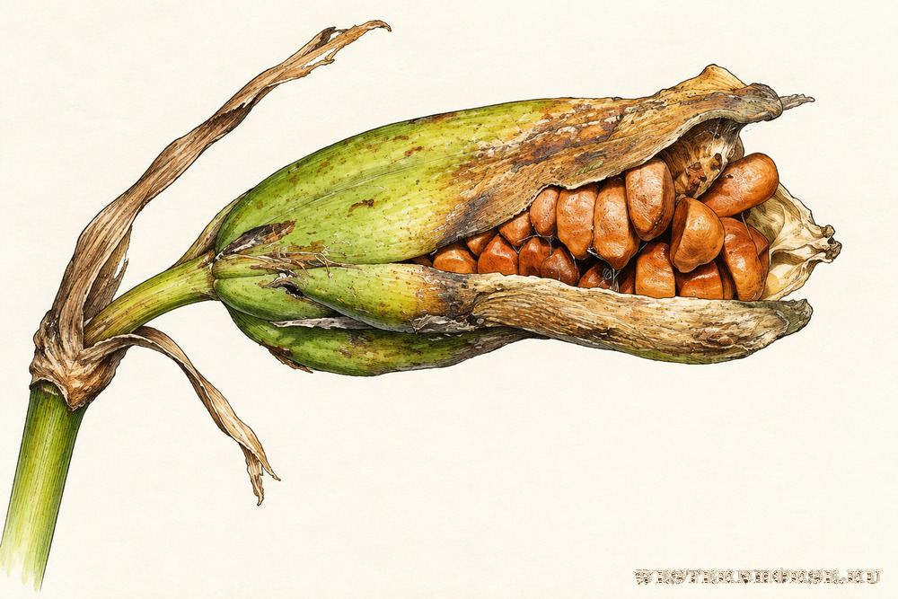 Иллюстрация: Ирис болотный (Iris pseudacorus L.) — раскрытая коробочка с семенами