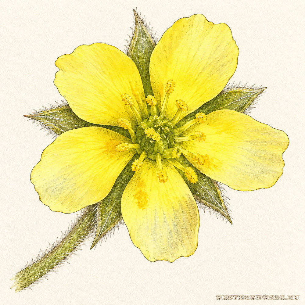 Иллюстрация: Якорцы стелющиеся (Tribulus terrestris L.) — пятилепестковый цветок