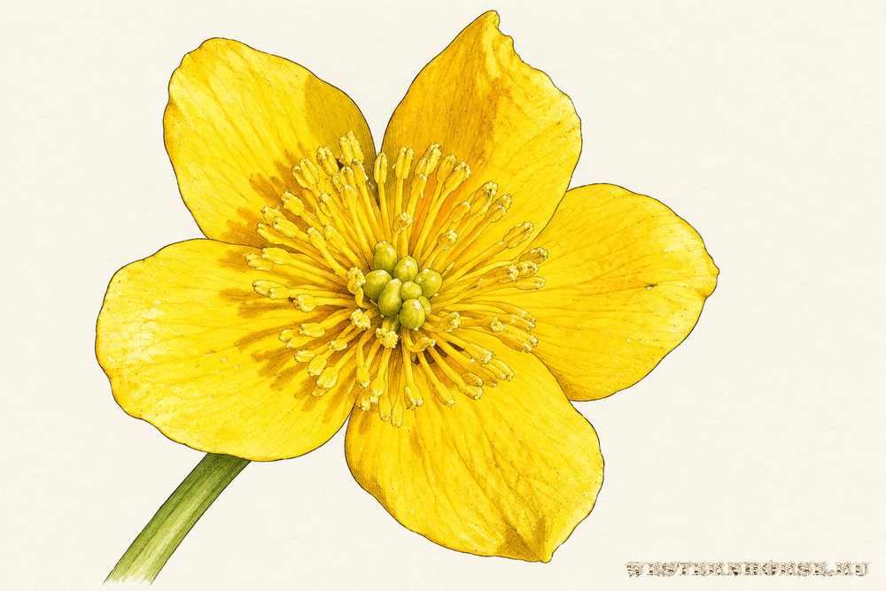 Иллюстрация: Калужница болотная (Caltha palustris L.) — обычный немахровый цветок