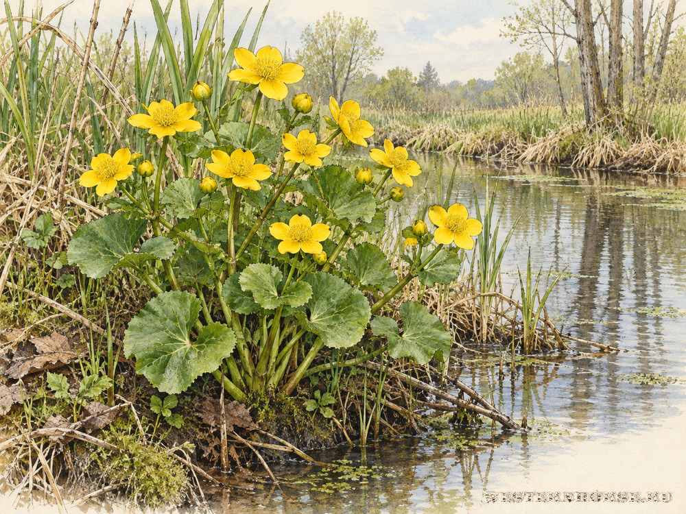 Иллюстрация: Калужница болотная (Caltha palustris L.) — растение у ручья
