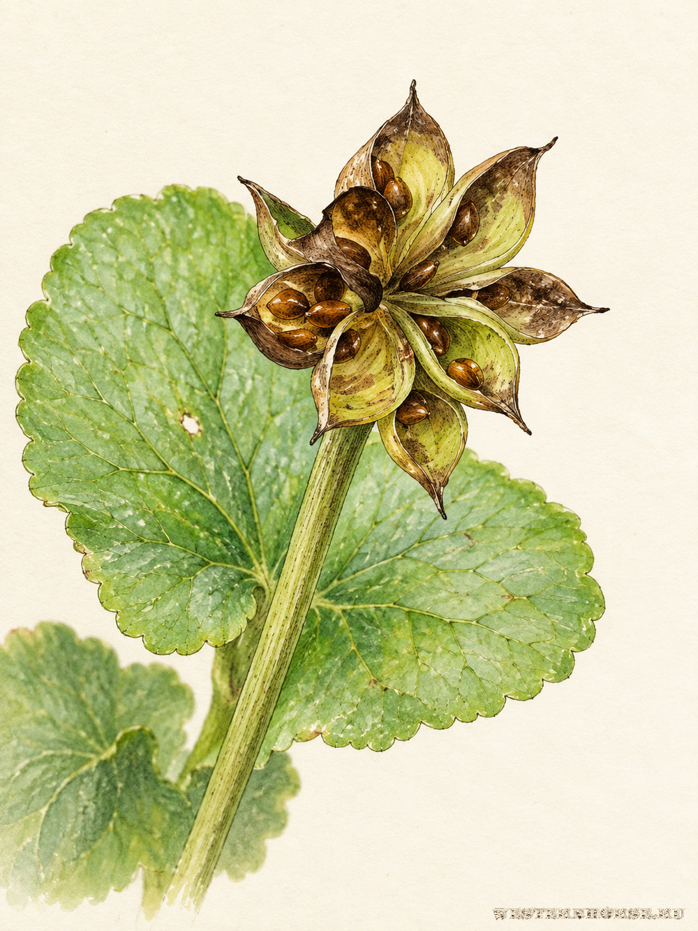 Иллюстрация: Калужница болотная (Caltha palustris L.) — раскрывшиеся плоды с семенами