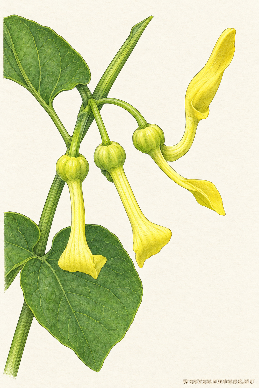 Иллюстрация: Кирказон ломоносовидный (Aristolochia clematitis L.) — трубчатые жёлтые цветки