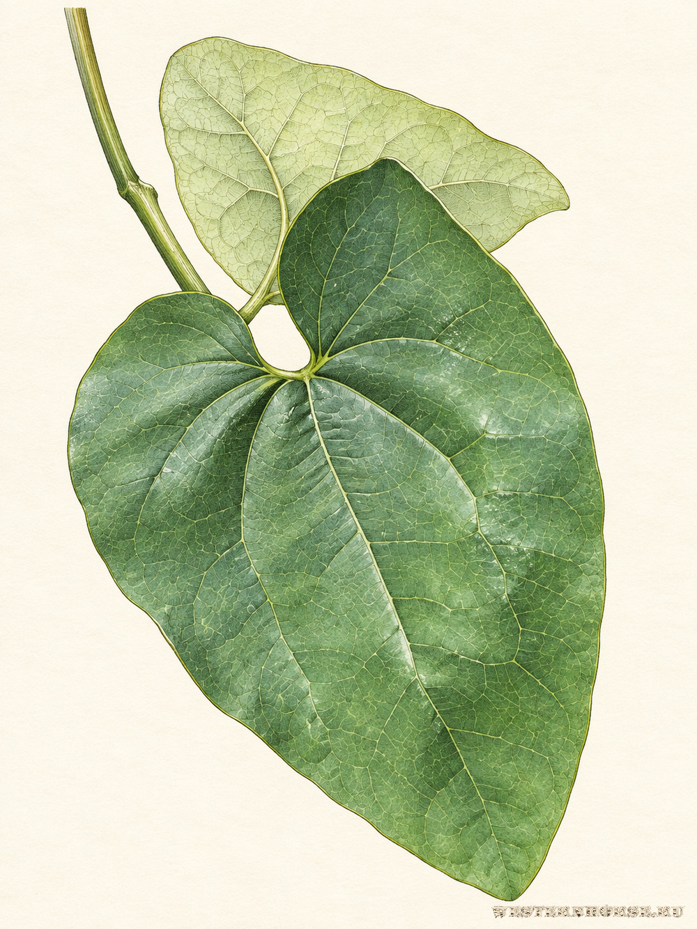 Иллюстрация: Кирказон ломоносовидный (Aristolochia clematitis L.) — лист и его нижняя сторона