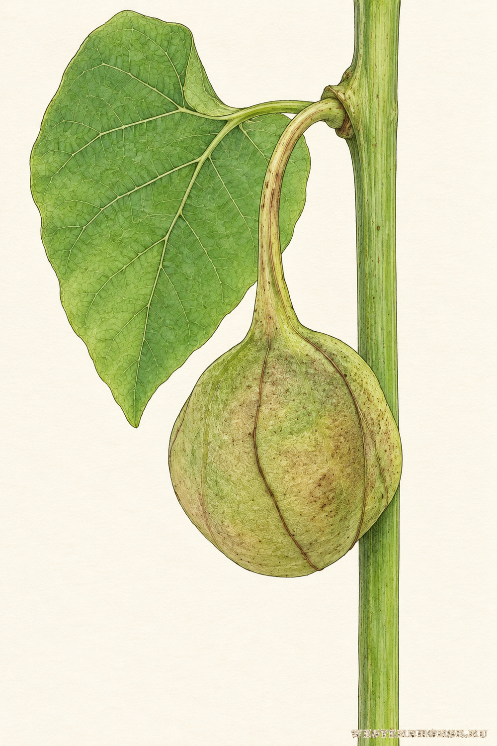 Иллюстрация: Кирказон ломоносовидный (Aristolochia clematitis L.) — зелёная плодовая коробочка