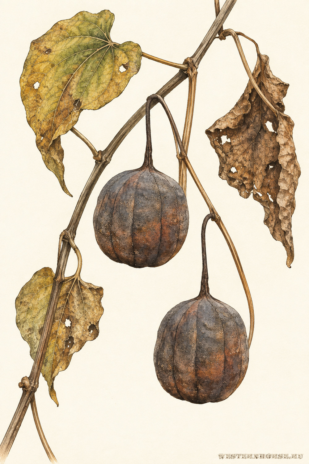 Иллюстрация: Кирказон ломоносовидный (Aristolochia clematitis L.) — созревшие бурые коробочки