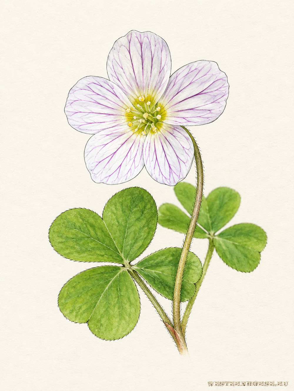 Иллюстрация: Кислица обыкновенная (Oxalis acetosella L.) — белый цветок с фиолетовыми жилками