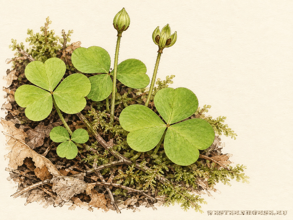 Иллюстрация: Кислица обыкновенная (Oxalis acetosella L.) — плодовые коробочки среди листьев