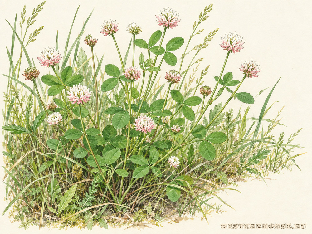 Иллюстрация: Клевер гибридный (Trifolium hybridum L.) — цветущая куртина на лугу