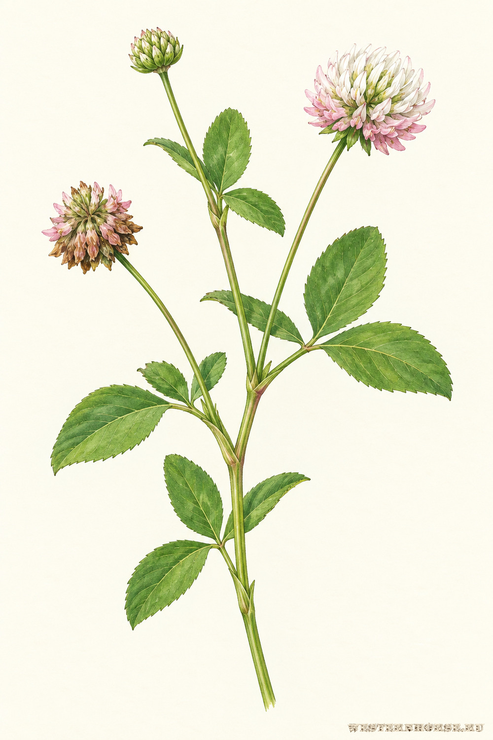Иллюстрация: Клевер гибридный (Trifolium hybridum L.) — ветвистый побег с головками разного возраста