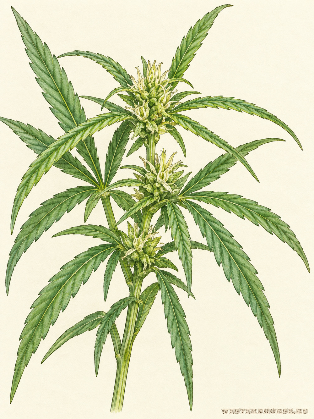 Иллюстрация: Конопля посевная (Cannabis sativa L.) — женский цветущий побег