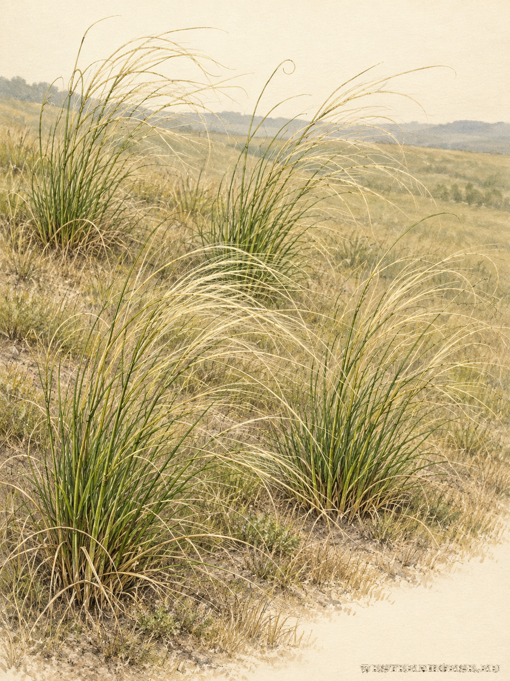 Иллюстрация: Ковыль волосатик (Stipa capillata L.) — летняя группа на склоне
