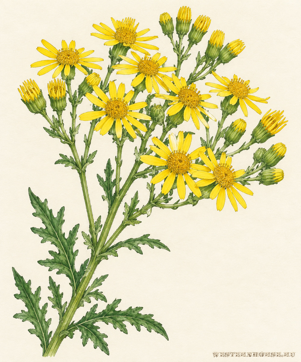 Иллюстрация: Крестовник Якова (Jacobaea vulgaris Gaertn.) — цветущие корзинки крупным планом