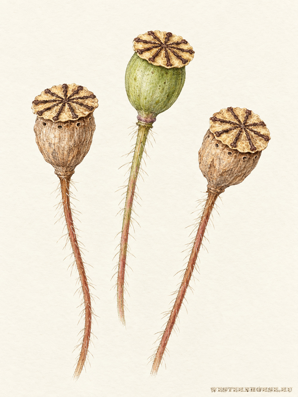 Иллюстрация: Мак самосейка (Papaver rhoeas L.) — зелёные и зрелые коробочки