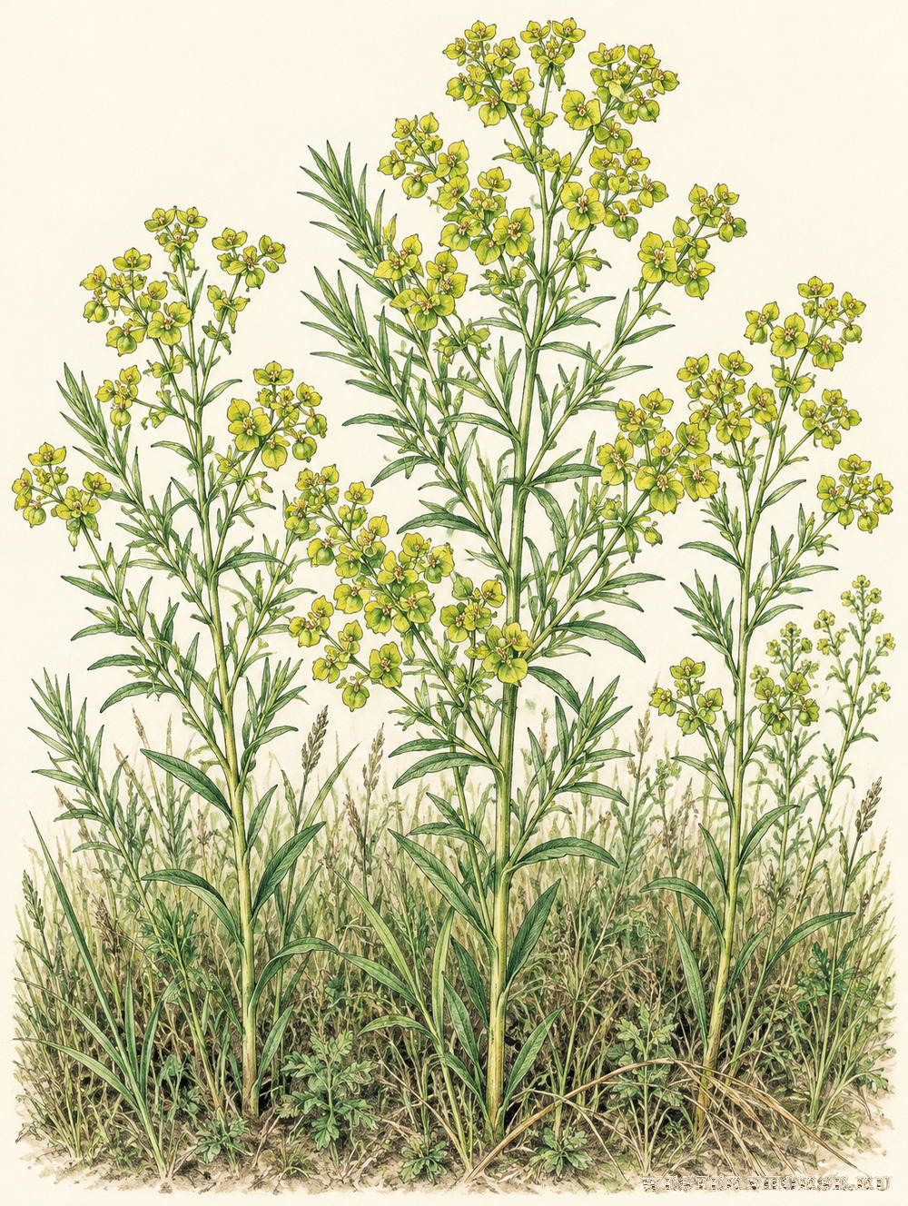 Иллюстрация: Молочай прутьевидный (Euphorbia virgata; синоним Euphorbia waldsteinii) — растения на лугу