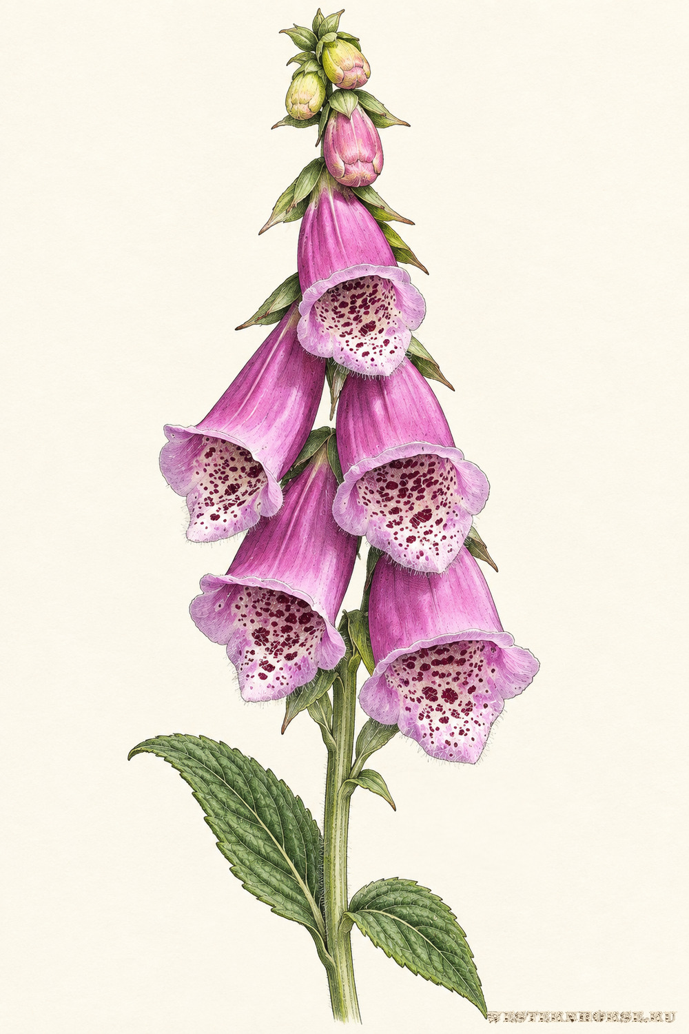 Иллюстрация: Наперстянка пурпурная (Digitalis purpurea L.) — цветущая кисть и листья