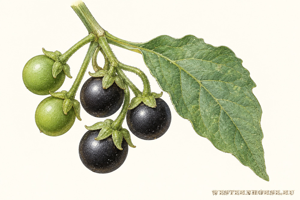 Иллюстрация: Паслён чёрный (Solanum nigrum L.) — зрелые и незрелые ягоды