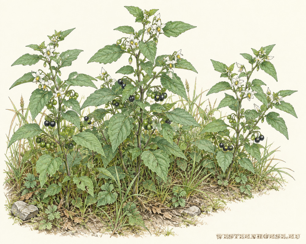 Иллюстрация: Паслён чёрный (Solanum nigrum L.) — группа растений