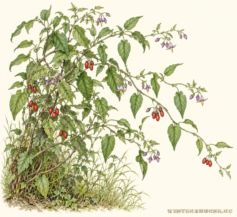 Иллюстрация: Паслён сладко-горький (Solanum dulcamara L.) — в природном окружении