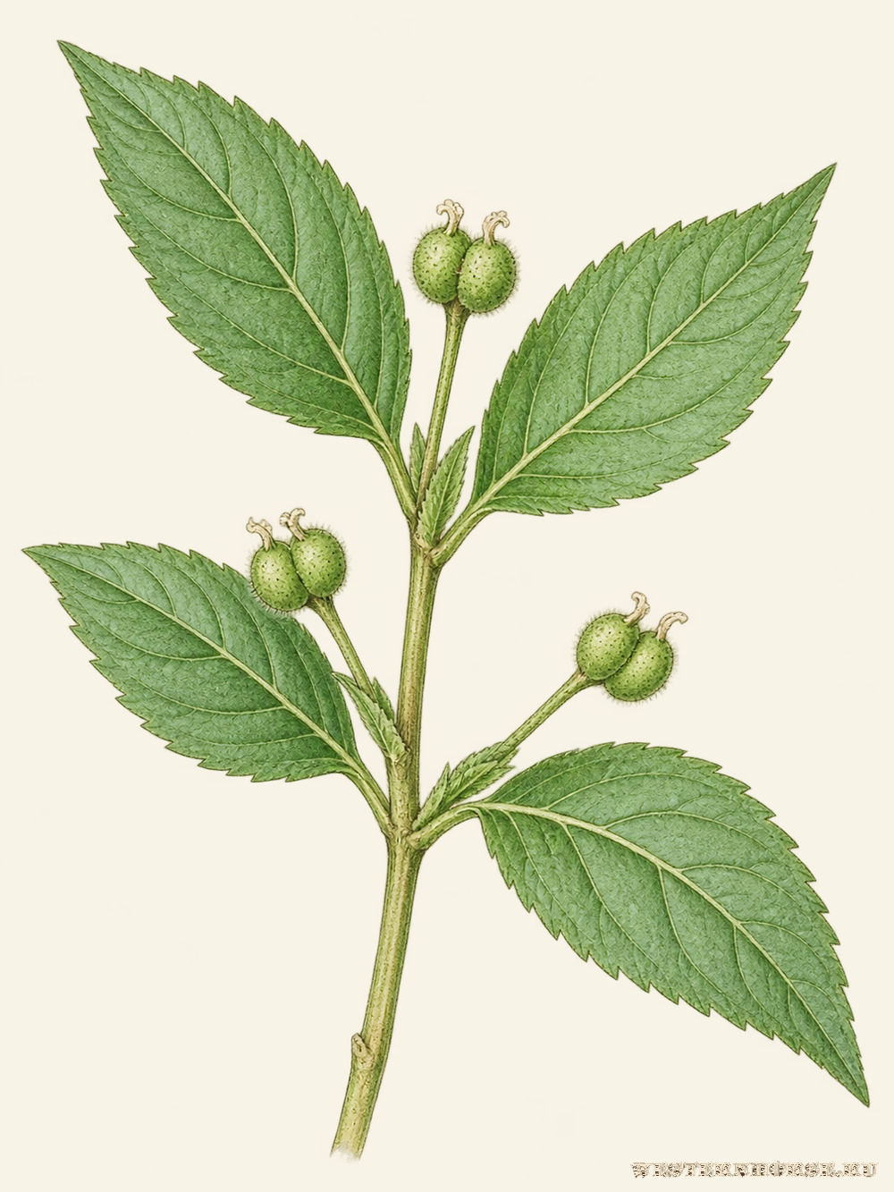 Иллюстрация: Пролесник многолетний (Mercurialis perennis L.) — женский побег с двулопастными плодами
