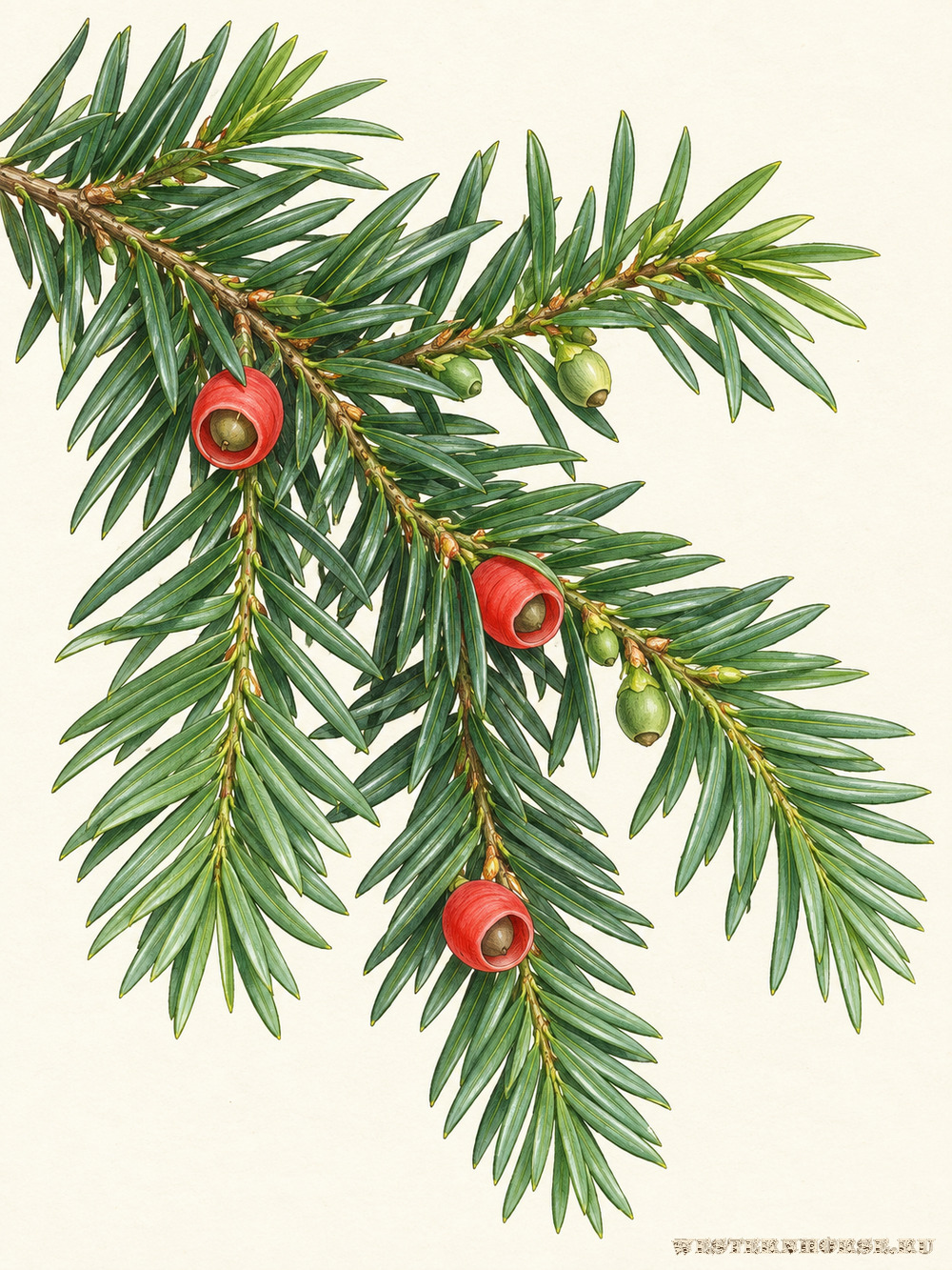 Иллюстрация: Тис ягодный (Taxus baccata L.) — красные присемянники