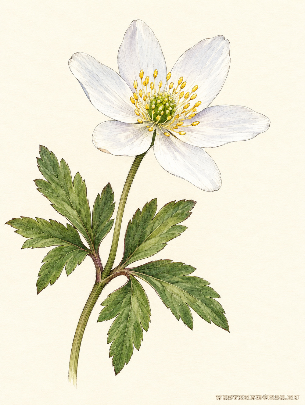 Иллюстрация: Ветреница дубравная (Anemone nemorosa L.) — белый цветок крупным планом