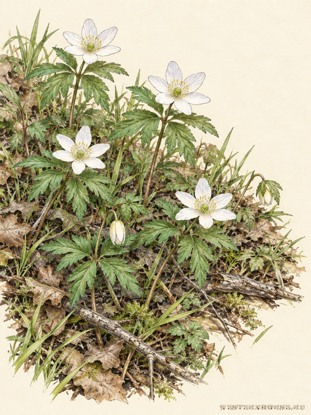 Иллюстрация: Ветреница дубравная (Anemone nemorosa L.) — весенняя лесная куртина