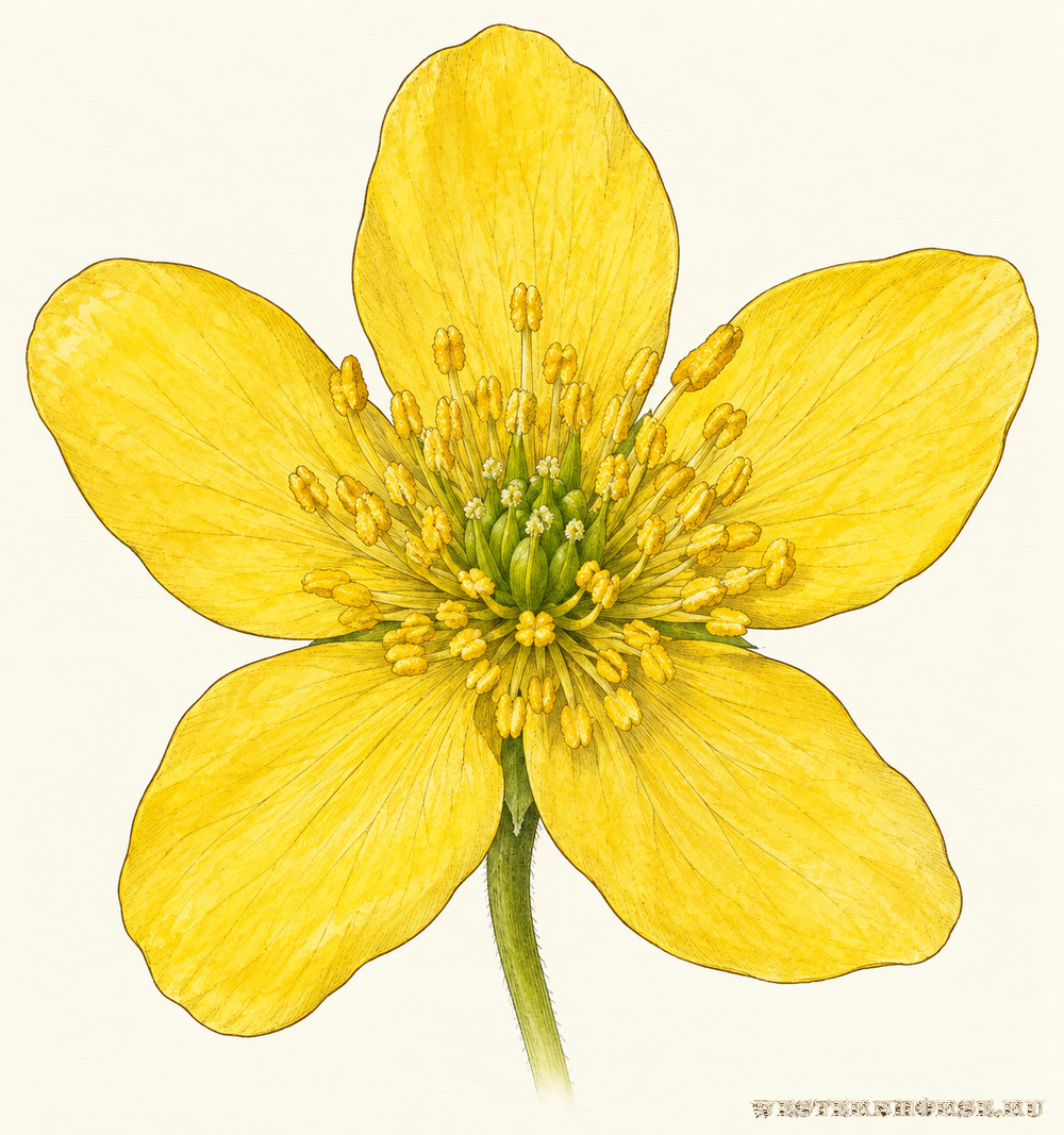 Иллюстрация: Ветреница лютиковая (Anemone ranunculoides L.) — жёлтый цветок крупным планом