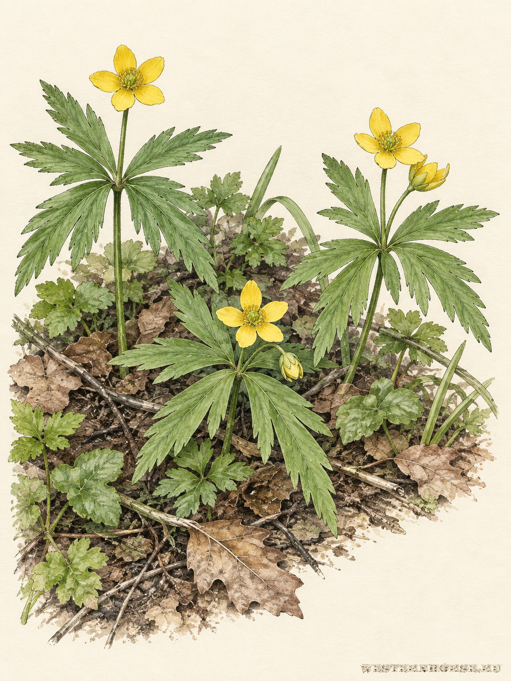 Иллюстрация: Ветреница лютиковая (Anemone ranunculoides L.) — цветущие побеги и листья