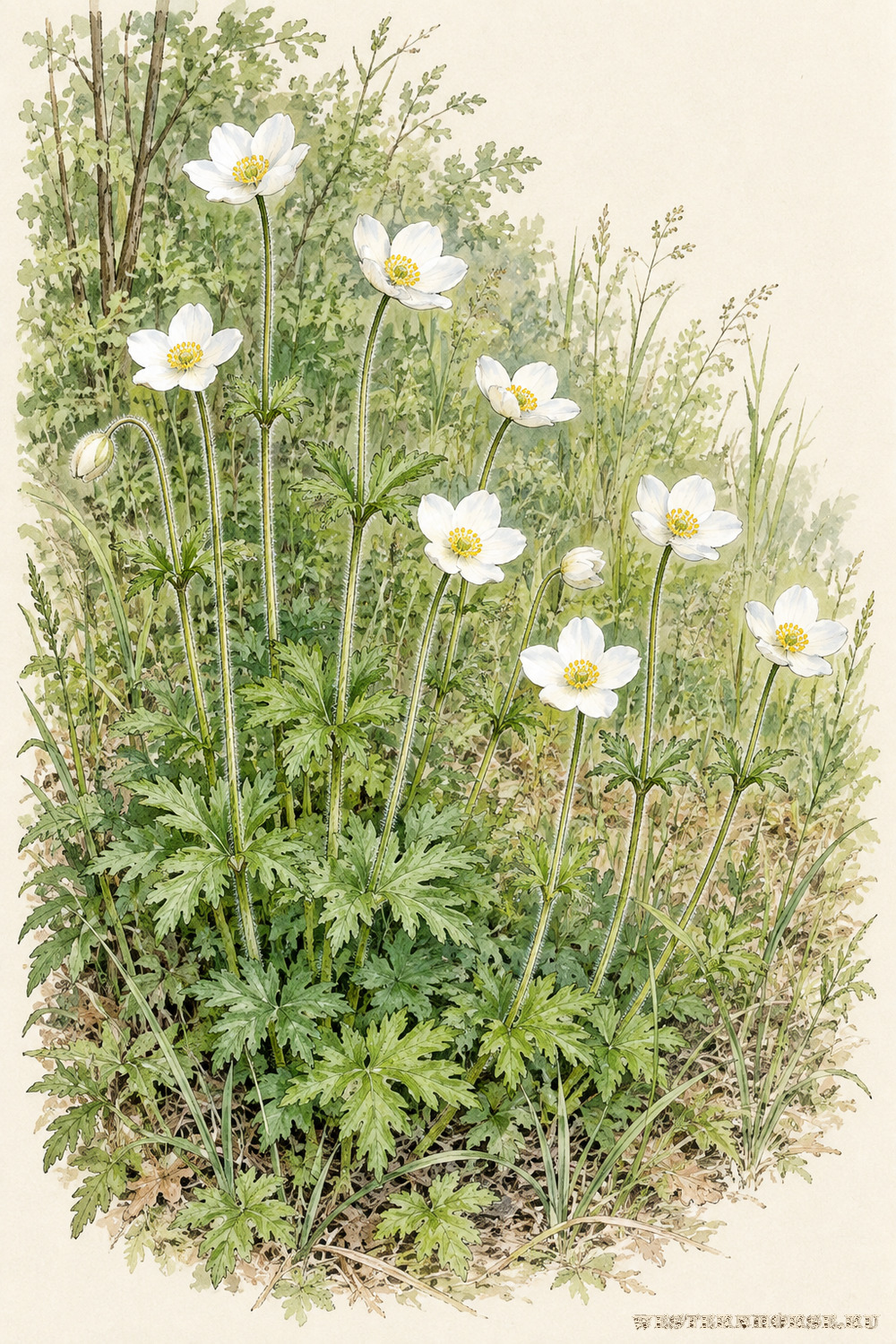 Иллюстрация: Ветреница лесная (Anemone sylvestris L.) — куртина на лесной опушке