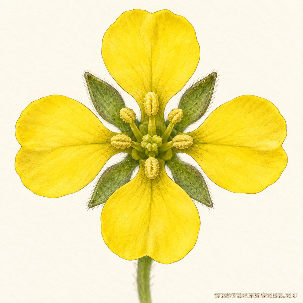 Иллюстрация: Желтушник левкойный (Erysimum cheiranthoides L.) — жёлтые цветки крупным планом