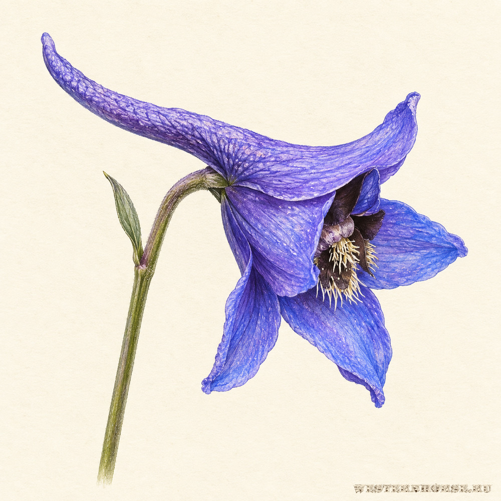 Иллюстрация: Живокость высокая (Delphinium elatum L.) — цветок сбоку и шпорец