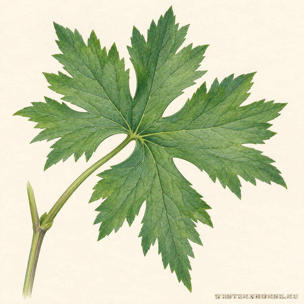 Иллюстрация: Живокость высокая (Delphinium elatum L.) — пальчато-раздельный лист